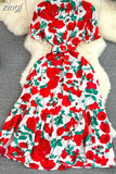 Vintage Women Printed Long Dress Elegant Turn-Down Collar Single Breasted Short Sleeve High Waist A-Line Maxi Vestido