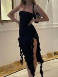 Irregular Ruffle Bandeau Maxi Dress- Outfit