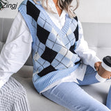 women knitted sweater vest pullover 2021 autumn new college style loose V-neck elegant fashion casual diamond vest