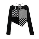 Y2k Two Piece Set Gothic Irregular Black Pullover Cloak+checkerboard Camis Tank Tops Korean Style Tee Tops Spring