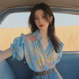 Spring And Summer New Small Shirt French Single Special Top Design Small Smell Blue Printed