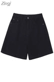 Women High Waist Wide Leg Denim Shorts Casual Female Solid Streetwear Knee-length Stright Jeans Bermuda Shorts 2023 New
