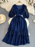 Summer Vintage Women V-Neck Puff Sleeve Hollow Out Lace Long Dress Elegant V-Neck High Waist A-Line Maxi Party