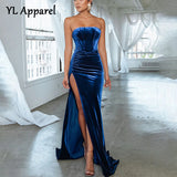 Strapless Solid Blue Velvet Long Maxi Evening Dress Elegant Autumn Winter Women High Split Formal Bodycon Party Prom