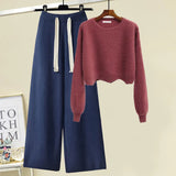 Winter Knitted Two Piece Set Women Casual Pullover Long Sleeve Knitting Sweater And Wide Leg Pants Sets For Women
