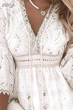 Lace Mini Dress Women Three Quarter Sleeve Dress Female V Neck Patchwork Lace Up Dress Ladies Vacation Beach