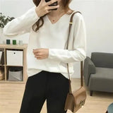 Autumn Basic Solid V-neck Knitting Pullover Ladies Elegant Fashion All-match Sweater Female Loose Casual Jumper Top