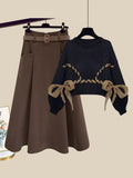 Winter Luxury Two Piece Set For Women Outfit Korean Bow Bandage Knitted Pullover Sweaters+high Waist Woolen Skirts Set