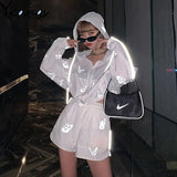 Women Tracksuits Long sleeve butterfly reflective loose breathable hooded Top and Sexy Hip Hop shorts Pants 2pcs Set Glow