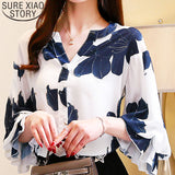 Womens tops and blouses plus size white blouse harajuku ladies tops chiffon blouse V-Neck Floral Puff Sleeve shirts 2878