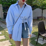 Elegant Women Long Sleeve Shirts Office Lady Solid Button Belt Blouse Korean Fashion Asymmetric Chic Casual Loose Tops
