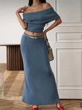 Ribbed Off-Shoulder Top And Maxi Skirt Set- Outfit