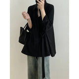 Korean Belt Lace Up Shirts Women Elegant Long Sleeve Bandage Loose Chic Blouses Office Lady Solid Simple All Match