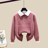 Knitted Two Piece Set Womens Outfits Korean Casual Turn Down Collar Long Sleeve Embroidery Knitted Sweater+skirts