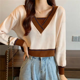 Retro V Neck Sweaters Women Patchwork Cropped Pullovers Streetwear Korean Fashion Loose Casual Long Sleeve Jumpers