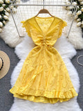 Women Hollow Out Drawstring Dress Sexy V-Neck Sleeveless High Waist A-Line Ruffle Hem Draped Vestidos