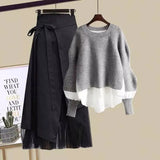 Women Winter Patchwork Long Sleeve Knitted Tops + Asymmetric Skirt 2 Piece Suit Female Party Elegant Two Piece