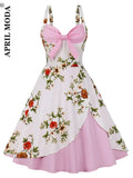 Bow Front Pink Floral 50s Rockabilly Tea Dresses Robe De Cocktail Women Spaghetti Strap Party Elegant Summer Pinup
