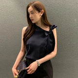 Solid Elegant Blouse Women Office Irregular Tie Bow Chic Shirts Ladies Sleeveless Loose Simple All Match Chiffon Tops