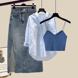 Outfits For Women 2023 Fashion Sling Vest+long Sleeve Sunscreen Shirt+side Split Denim Skirts Sets Korean 3 Piece
