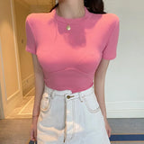 Summer T Shirt Women Tops Slim Short Sleeve Tee Shirts Femme O-neck Sexy Thin High Elastic Female Corset Basic Solid