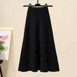 Women Autumn Winter Warm Knitted Two Pieces Sets Korean Long Sleeve Pullover Sweater Top And High Waist Knitting Skirts