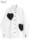 Heart Print Shirts Vintage Polo-Neck Long Sleeve Single Breasted Oversized Streetwear Loose Y2K Gothic Female