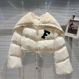 2022 Winter Long Sleeve Lambswool Sailor Collar Short Cotton Coat Women Drawstring F Letter Jacket