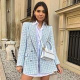 Casual Women Tweed Blazer Vintage Office Lady Jacket Coat Double Breasted Fall Winter Outerwear Female Chic