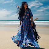 Queens Women Peacock Floral Print V-neck Beach Vacation Bohemian Rayon Dresses Ladies V Neck Tassel Summer Boho
