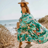 Green Bohemian Printed Self Belted Front Open Summer Beach Wear Bikini Wrap Dress Plus Size Women Beachwear Sarongs