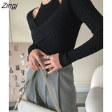 Fashion Women's 2 Pcs Set Halter Tank Tops Cross V-neck Slim Knitted Long Sleeve Swearter Suit Autumn 2023 New