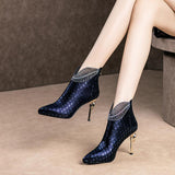 Pattern Embossed Leather Boots Woman Ankle Boots Plating Heel Rhinestone Women's Winter Shoes 2020 Female Footware