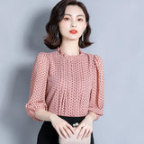 Women Spring Autumn Style Chiffon Blouses Shirts top Lady Casual three quarter O-Neck Polka Dot Printed Chiffon Blusas