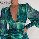 Women Chic Plunge Ruched waistband button Puff Lantern Sleeve Abstract Mini Bodycon Print