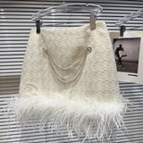 Autumn Long Sleeve Round Neck Feathers Diamonds Buttons Coat Camisole Short Skirt Three Piece Set Women Outfits