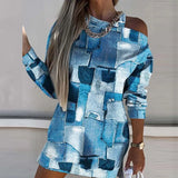 Half Sleeve Print Pullover Shirt Dresses Ladies Casual Commute Mini Dress Elegant Women Zipper-up V Neck Party