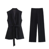Women's Explosive Solid Color With Belt Medium Long Vest + Casual Pants