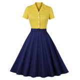 Women Vintage Pinup Dresses 50s Yellow Patchwork Turn Down Collar Button Sundress Elegant Rockabilly Party Swing