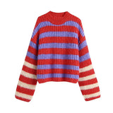 Casual O-Neck Stripe Winter Pullover Long Sleeve Kintted Women Loose Color Contrast Sweater
