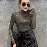 Shinny Sequin T Shirt Women Sexy Turtleneck Long Sleeve Slim Skinny Tops Fashion All Match Basic Elastic Bottoming