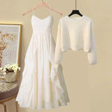 Women Spring Two Pieces Sets Korean Long Sleeve Knitted Sweater Cardigan And Ruffles Patchwork Mesh Long Dress