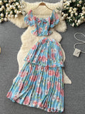 Women Floral Chiffon Two Piece Set Sexy Square Collar Short Puff Sleeve Tops + Ruffle Pleated Midi Skirt Beach 2Pcs