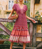 Queens Vintage Floral Print Sashes Beach Robe Bohemian Maxi Dresses Elegant Ladies Cross V Neck Boho Dress