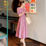 O Neck Slim Elastic Waist Print Elegant Dress 2021 Summer Temperament Style Women Dresses Sweet Puff Short Sleeve