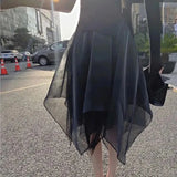 Y2K Irregular Tulle Skirt Women Gothic High Waist Asymmetrical Mesh A Line Midi Skirts Korean Office Lady All Match