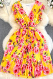 Vintage Floral Printed Pleated Dress Women Elegant V-Neck Sleeveless High Waist Draped Vacation Beach Vestidos Female
