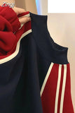 Women's Clothing Mid Height Collar Sweatshirt Pullover Patchwork Contrast Color Aesthetic Harajuku Casual Loose Long Sleeve