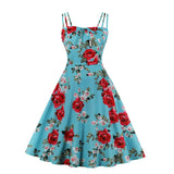 Front A Line Vintage Elegant Floral Party Flare Dress Women Summer Spaghetti Strap Shirred Back Cotton Retro Dresses