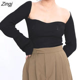 2023 new Autumn and Fit fashion women clothes cashmere sqaure collar full sleeves elastic high waist sexy pullover